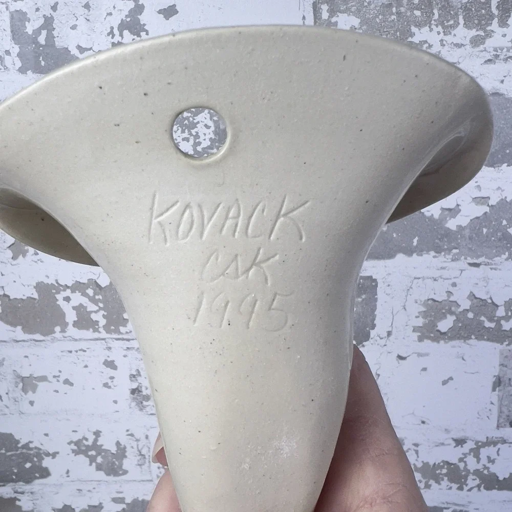 Kovack Pottery Seagrove NC Horn Wall Pocket Vase Vtg 1995 Peach Flowers - Picture 5 of 9